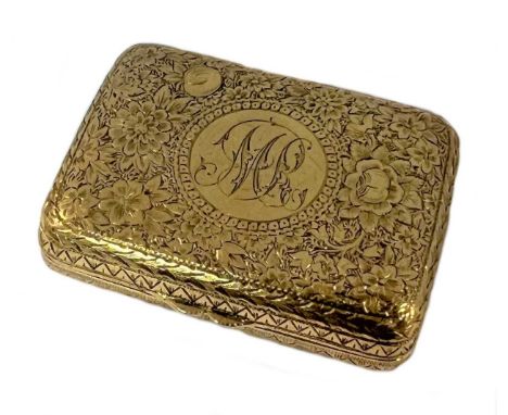 A late 19th century Scottish 15ct gold snuff box, mark of Duncan Ferguson, Glasgow 1879, of rectangular form with turned corn