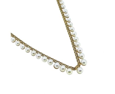 A modern pearl fringe necklace, double curb link chain, suspending fifty six graduating cultured pearls, approximate dimeter 