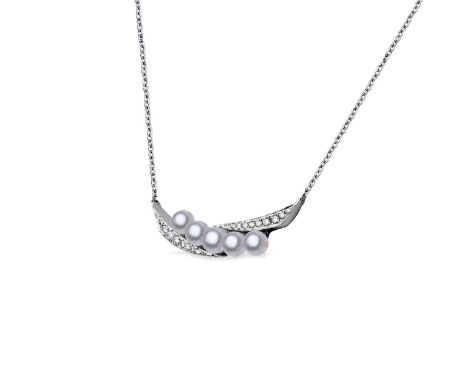 A cultured pearl and diamond necklace, central row of 3.8mm pearls with a tapered bar either side, each set with nine graduat