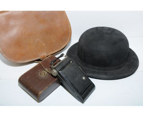 G A Dunn Piccadilly Circus London bowler hat, ladies leather handbag and a vintage camera