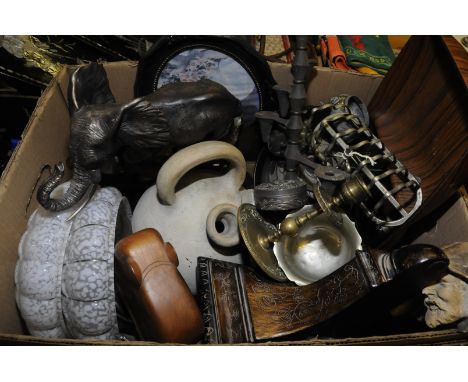 Two mottled glass lamp shades, carved wooden figures, silver plate etc 
