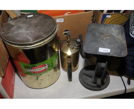 Set of Salter Silver Check scales with enamel disc F3190, cobblers last, brass oil pump and Unecol Confectionary Jam tin and 
