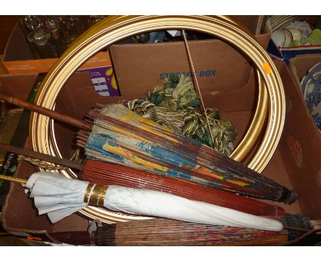 Selection of parasols, gilt frames, curtain tie backs etc.