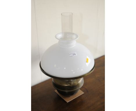 Copper oil lamp with opaque glass shade 
