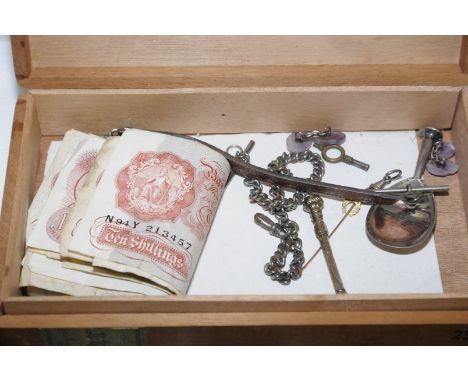 Pair of amethyst cufflink's, caddy spoon, 9ct gold stick pin, selection of Ten Shilling bank notes, Albert chain etc.