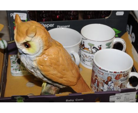 Crown Staffordshire 'Hunting Scene' mug and two 'See All Hear All Say Nowt Yorkshire Mans Advise To His Sons' mugs, owl figur