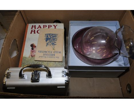 Cased poker set, glass paraffin lamp shade, Wedgwood bowl, small selection of books etc