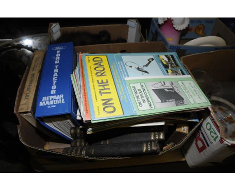Box of assorted books including 'On The Road' magazines, 'Ford Tractor Repair Manual', Haynes manuals etc.
