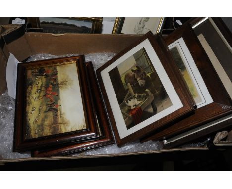 Two framed hunting prints and four small framed Pears prints