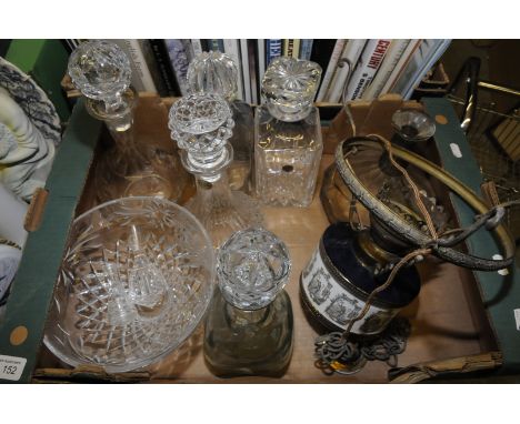 Selection of glass decanters, a ceramic lamp shade etc 