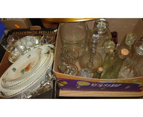 Two boxes of assorted glass decanters, shot glasses, Royal Worcester dishes etc.