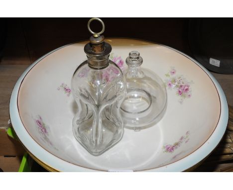 Glass glug glug decanter with white metal mounts, glass wasp catcher and two ceramic wash bowls