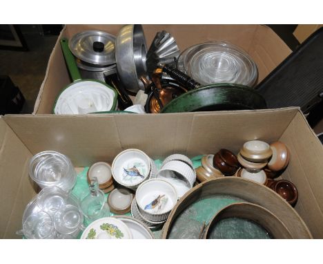 Two boxes of kitchenalia including ramekins, Agar frying pan, enamel pans etc.