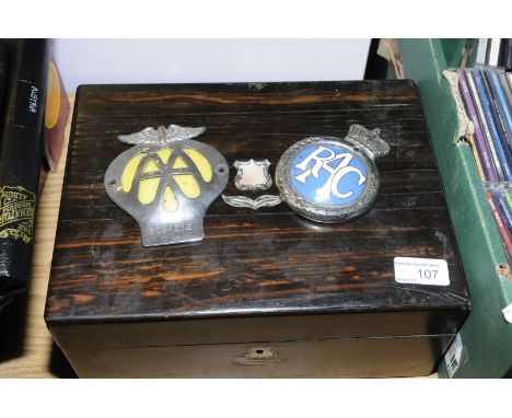 Coromandel writing box (a/f), AA badge and enamel RAC badge stamped to reverse 2065