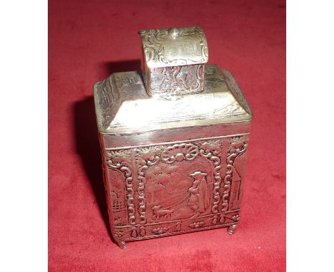 Dutch silver (unmarked) tea caddy of rectangular form with embossed detail of various figures 