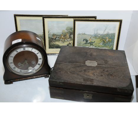 Mahogany writing box with brass banding a/f, oak cased clock and three small hunting prints