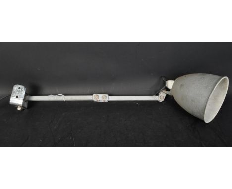 Memlite - A retro vintage mid 20th Century industrial warehouse clamp lamp light. Having a circular shade with embossed grey 