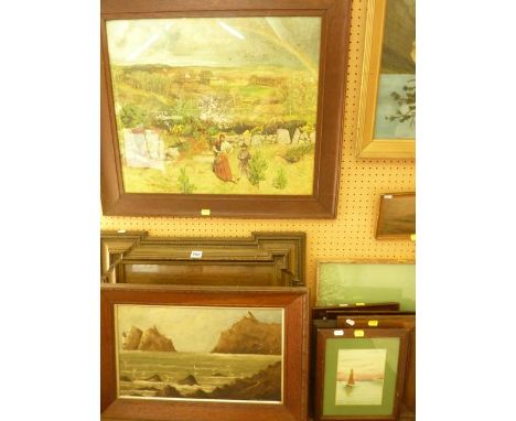 A collection of pictures and prints including an oil painting on glass panel of an eagle and its prey in a mountain eyrie, an