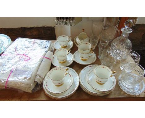 A collection of Paragon China tea wares with pink and gilt border decoration comprising milk jug, sugar bowl, six cups, five 