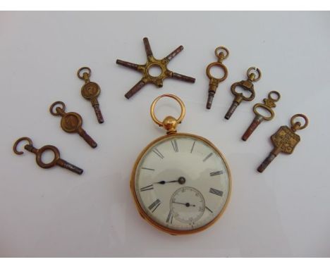 An 18ct gold open-faced pocket watch, the white enamelled dial with black Roman numerals, subsidiary dial for seconds, the ca