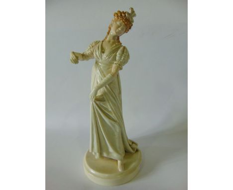 A large 19th century Royal Worcester figure of an elegant young woman in Regency style ball gown, raised on a circular base w