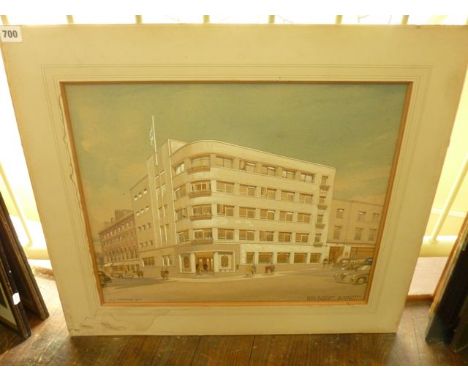 A gouache architectural study of a Bristol city scene with figures walking beside the impressive façade St Nicholas House, Hi