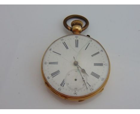 An 18ct gold open-faced pocket watch, the white enamelled dial with black Roman numerals, subsidiary dial for seconds, the ca