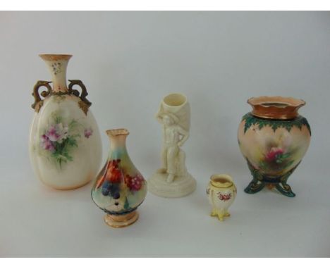 A collection of four various Hadley Worcester vases including a two handled example with painted pink floral decoration, numb