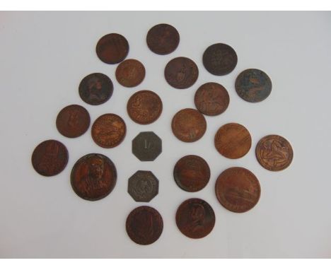 A collection of English trading tokens including Norwich Barracks 1793, John Wilkinson 1792, W Groomes, High Street, Dundee, 