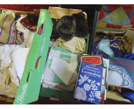 Two boxes containing a selection of vintage, mostly white, domestic linen to include tablecloths, etc., other items to includ