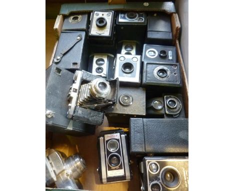 A large quantity of vintage cameras to include a Kodak 6-20 Brownie, a Bencini KO70LL 24 S Camera, other examples by EnsignE,