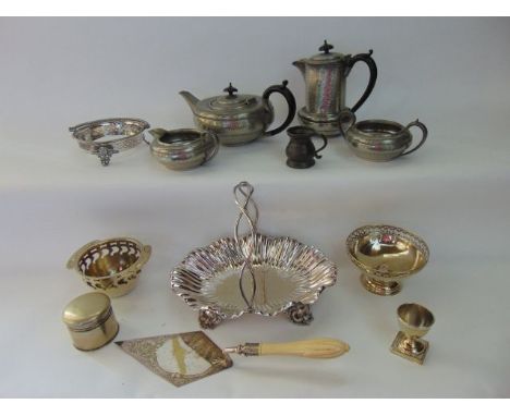 A four piece Civic Pewter drinks set comprising teapot, hot water pot, two handled sugar basin and milk jug, all with beaten 