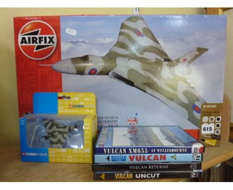 A boxed Airfix model Avro Volcan B MK2 XH5581; seven scale model, a Corgi toys model RAF jet, a further jet, four documentary