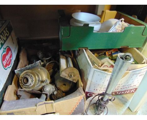 An extensive collection (6 boxes) of antique and vintage lighting equipment and effects to include oil lamp burners, opaque g