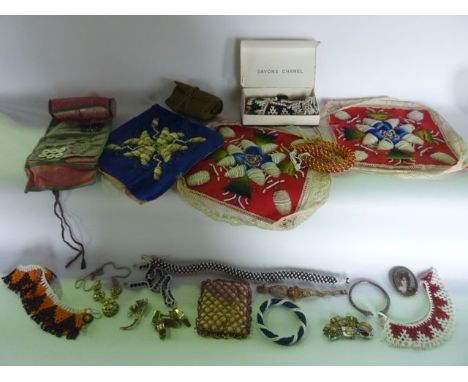 A selection of vintage bead work effects to include textile panels with brightly coloured detail, a bangle, necklace, etc. to