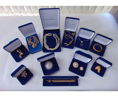 A collection of Camrose & Kross Jacqueline Kennedy costume jewellery, including six brooches, a bangle, a bracelet, a triple-