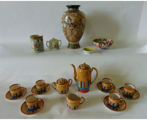 A collection of 19th century and other oriental ceramics including a 19th century Cantonese jar of cylindrical form with pain