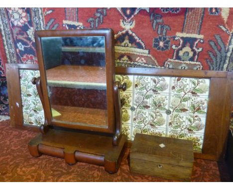 A mahogany dressing table mirror, a tiled washstand splashback panel, a 19th Century rosewood veneered tea caddy with 2 divis