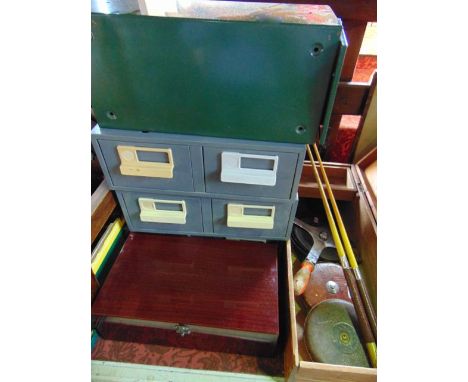 A vintage timber tool chest with partially fitted interior and original label by John Hall together with various land tapes, 