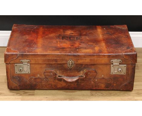 Vintage Luggage - an early 20th century travelling trunk/suitcase, 26cm high, 76cm wide, 46cm deep 