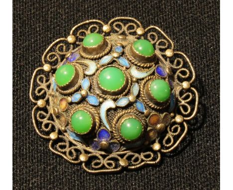 A Chinese filigree silver brooch, set with enamel and jade 