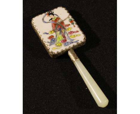A Chinese famille rose hand mirror with jade handle, 13.5cm long 