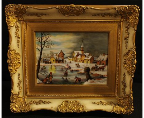 A Continental painted porcelain panel, after Breughel, Winter Country, 17.5cm x 23.5cm, framed 