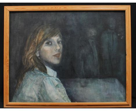 Margaret Keighley  Portrait of a Young Lady, with two figures in shadow  signed, oil, 54cm x 69.5cm 