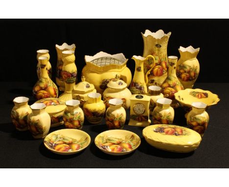 An Aynsley Orchard Gold pattern rose bowl, pair of bottle vases, pair of candlesticks, assorted vases, miniature mantel clock