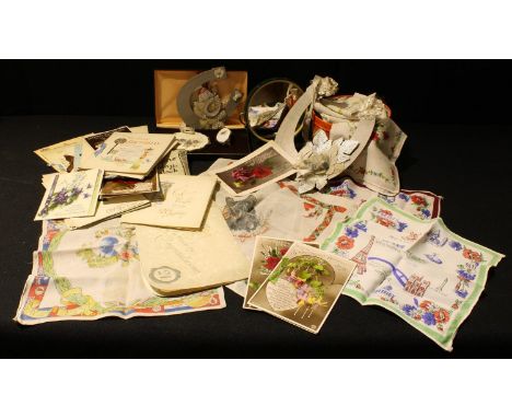 A selection of early 20th century 21st birthday and other greetings cards, crinoline lady, others; lady's assorted handkerchi