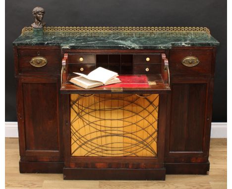 A 'Regency' rosewood break-centre secretaire side cabinet, verde antico marble top with three-quarter gallery above three dra