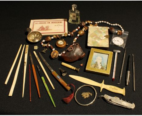 Boxes, Objects and Bijouterie - a portrait miniature; a desk seal; a novelty pipe bowl, carved as the head of a bull; vintage