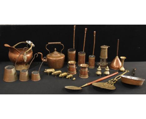An Eccles miner's lamp; a copper kettle; a copper coal scuttle; a pair of miniature brass and copper milk churns, 11.5cm; ass