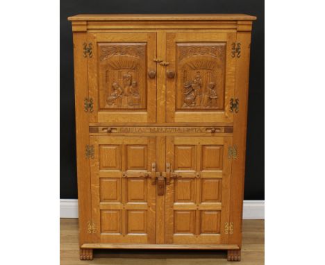 A Rupert Griffiths 'Monastic' oak wine cupboard or drinks cabinet, by John McGinn, slightly oversailing rectangular top above